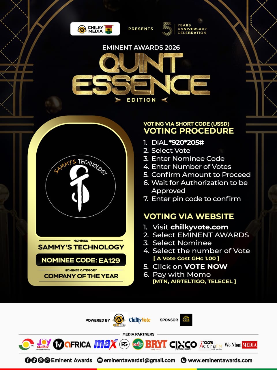 Eminent Awards 2026 voting flyer for Sammys Technology