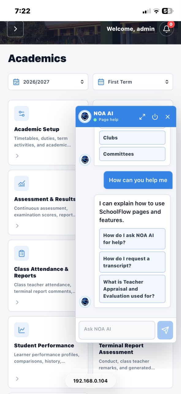 SchoolFlow portrait school management interface preview